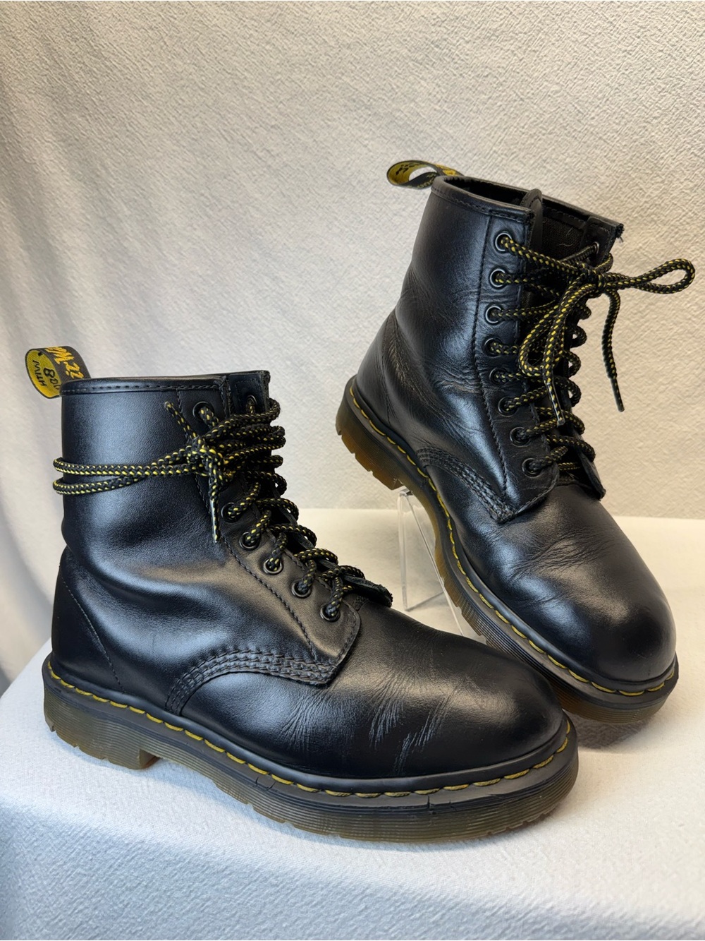 Dark Goth Dr. Martens Black Leather Lace-Up Combat Boots w/ Yellow Stitching Sz8